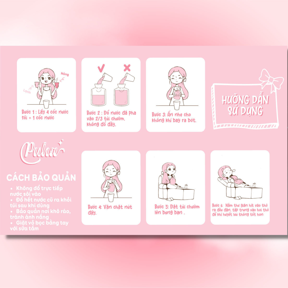 Túi chườm nóng lạnh đa năng sưởi ấm giữ nhiệt giảm đau bụng kinh cho nữ Puha 500ml họa tiết thỏ trắng cute dễ thương