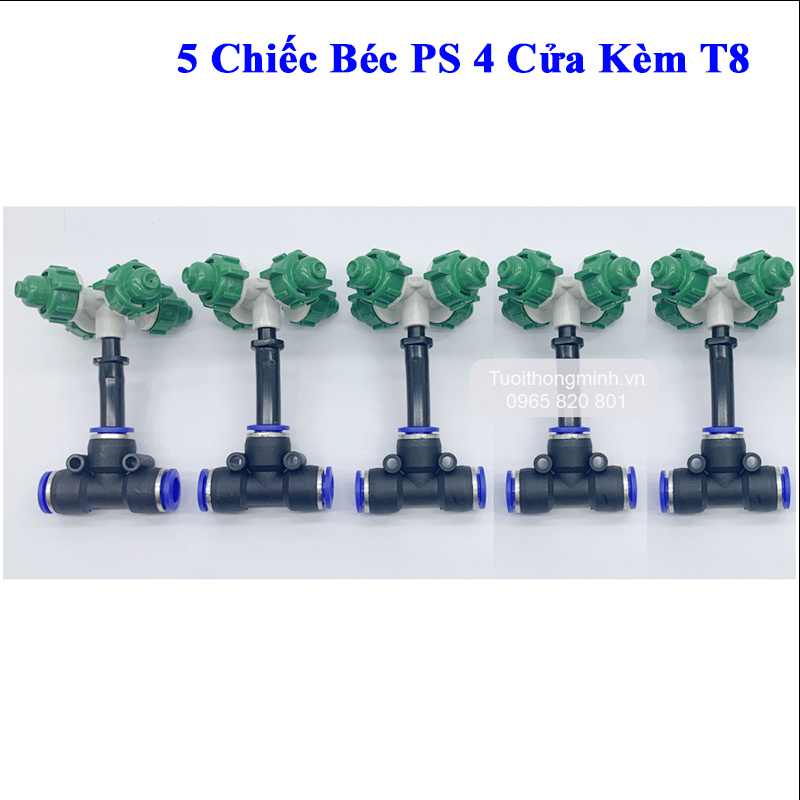 [ 5 chiếc ]  Béc phun sương 4 cửa kèm T nối nhanh ống 8mm