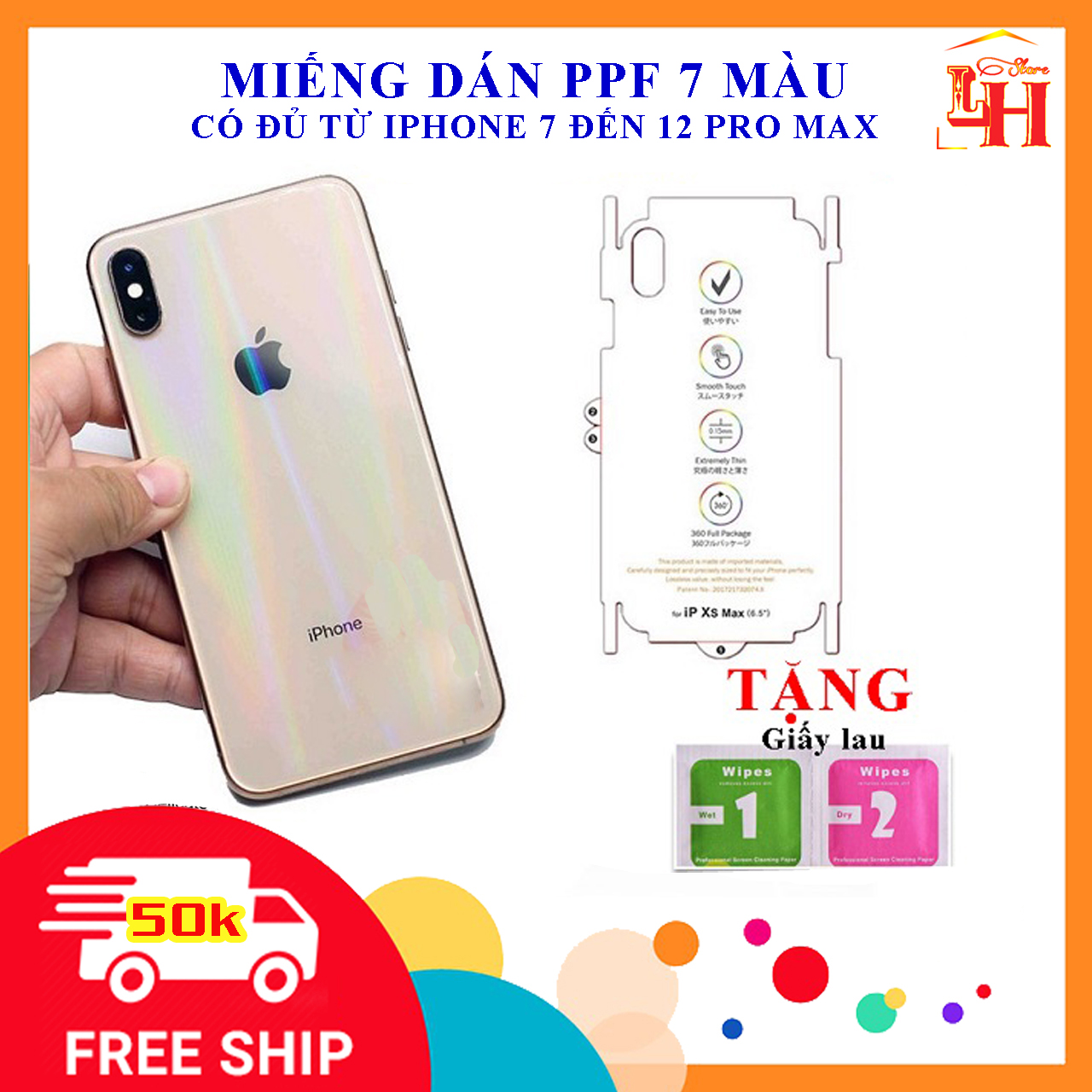 Miếng dán Skin PPF 7 màu mặt sau cho các dòng iphone 7, 7plus, 8, 8plus, X, Xs, Xsmax, 11, 11 pro,11 pro max, 12, 12 Pro, 12 Pro Max tấm dán PPF 7 sắc cầu vòng, Chống xước mặt lưng iphone 7 màu đẹp, giá rẻ