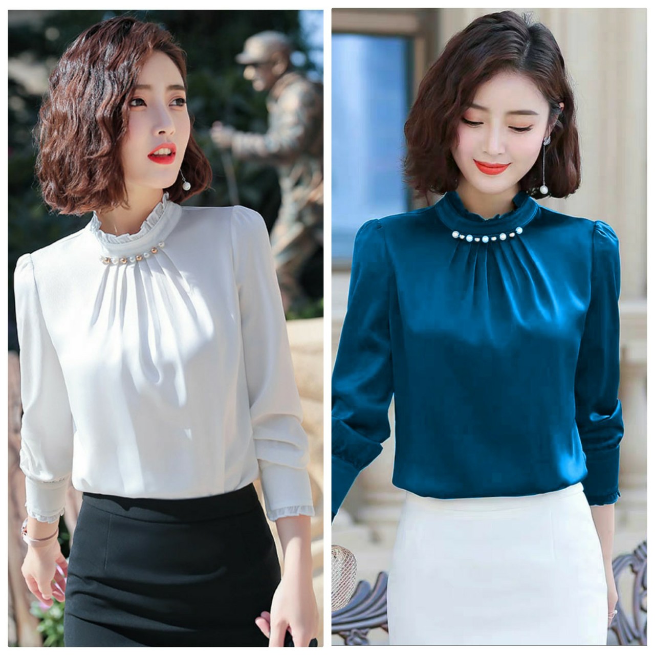 ÁO SƠ MI CỔ NHÚN ĐÍNH HẠT NGOCTRANSHOP- NT3300