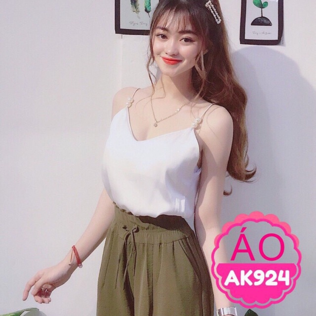 Áo 2 dây đính hạt ngọc chất phi lụa mềm