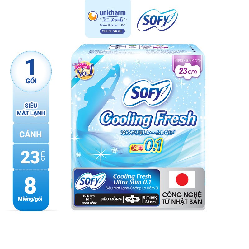 Băng vệ sinh Sofy Cooling Fresh siêu mỏng cánh 23cm, Băng vệ sinh mát lạnh Nhật Bản nhập khẩu gói 8 miếng