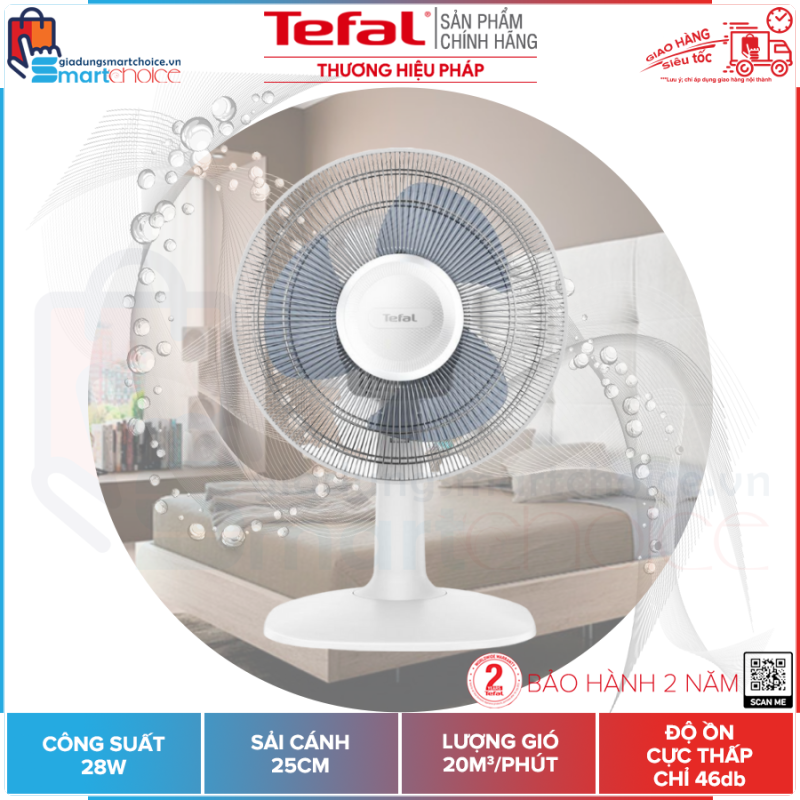 Quạt bàn Tefal VF2310-71 - Siêu tiết kiệm điện công suất 28W - Độ ồn cực thấp đạt chuẩn châu Âu (46dbA)