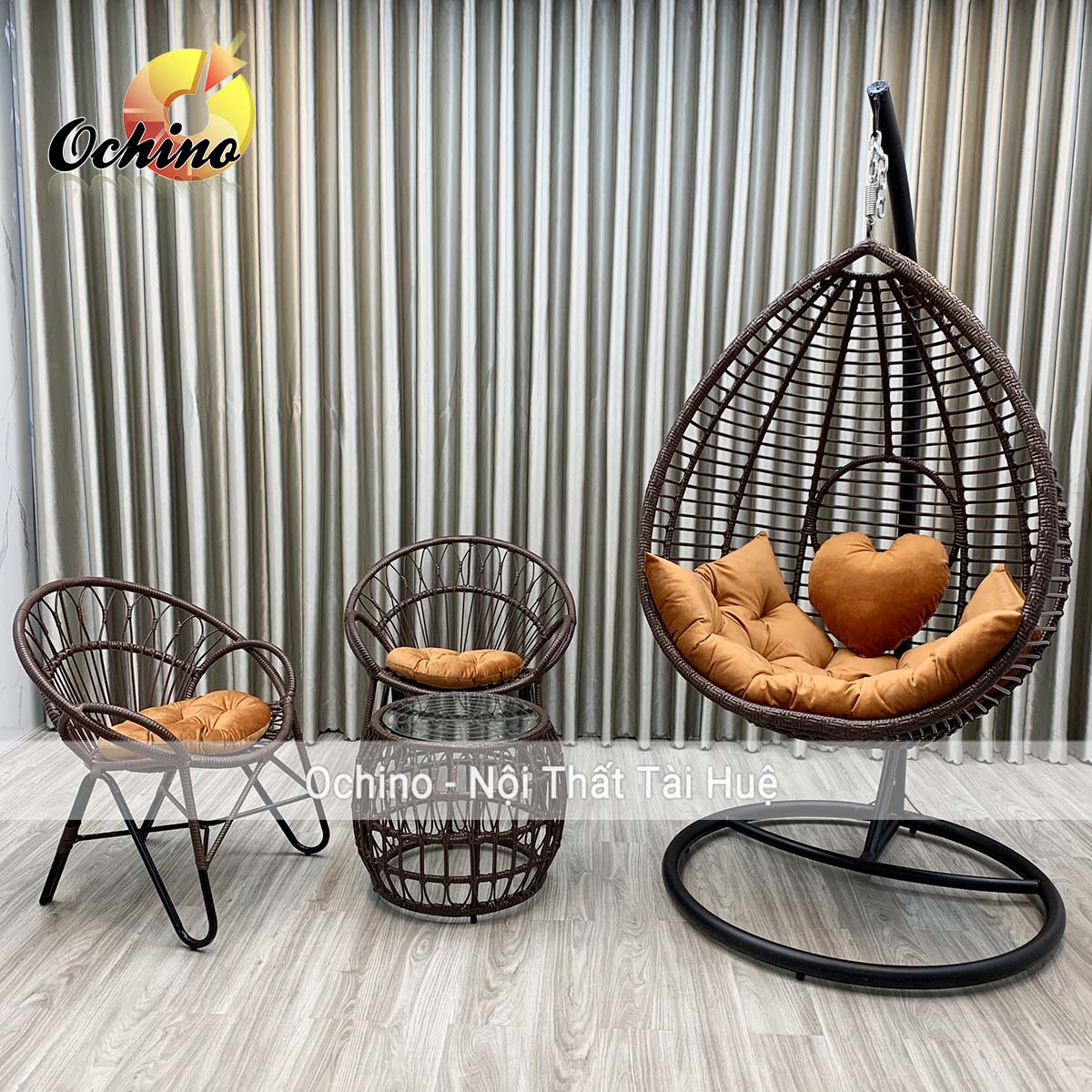 Bộ xích đu song mây để phòng khách kèm bộ bàn ghế ban công khung đen đơn giản