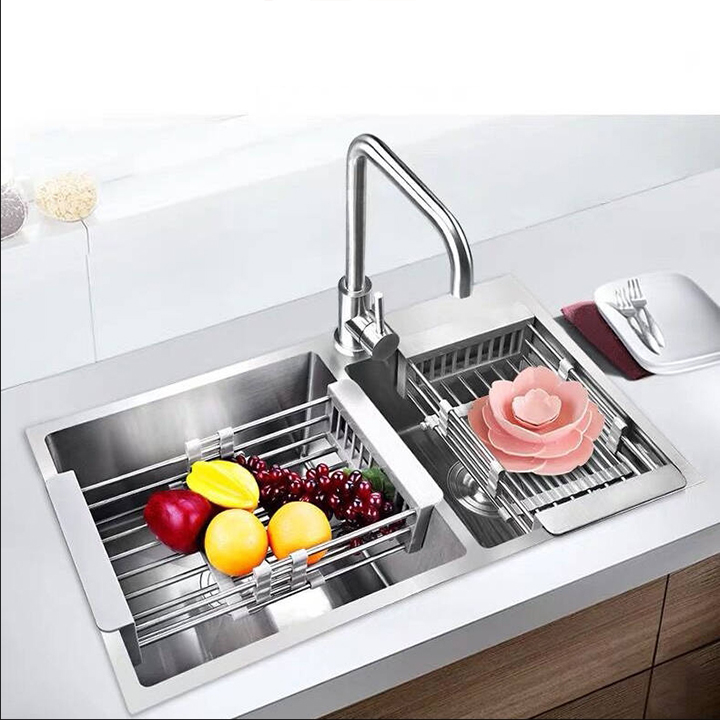 Rổ, khay inox rút gọn đa năng để chậu rửa chén
