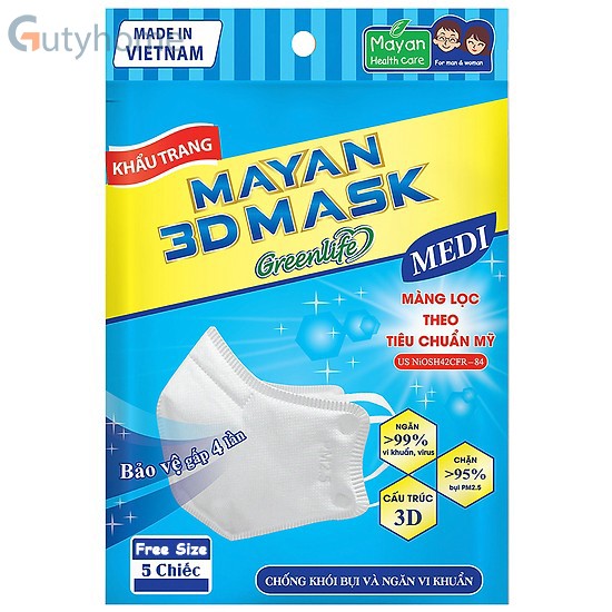 Khẩu Trang Mayan 3D Mask Medi PM2.5 Người lớn (5 chiếc / túi) màu trắng tiêu chuẩn Mỹ