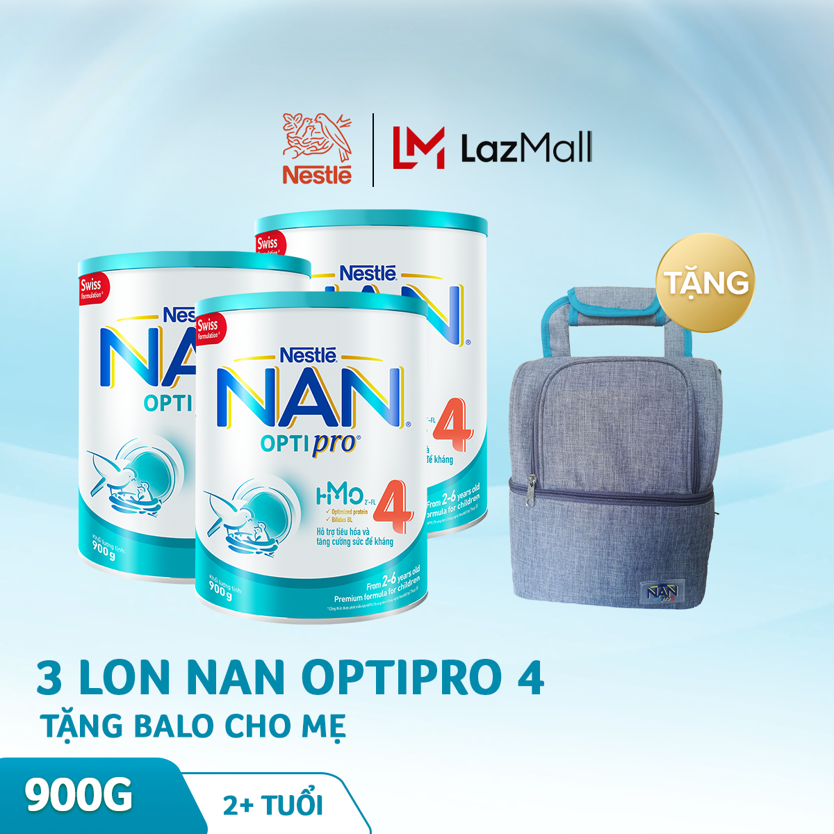 [GIẢM THÊM 40K ĐƠN 599K]Bộ 3 lon sữa bột Nestle NAN Optipro 4 cho trẻ trên 2 tuổi 900g + Tặng Balo cho mẹ
