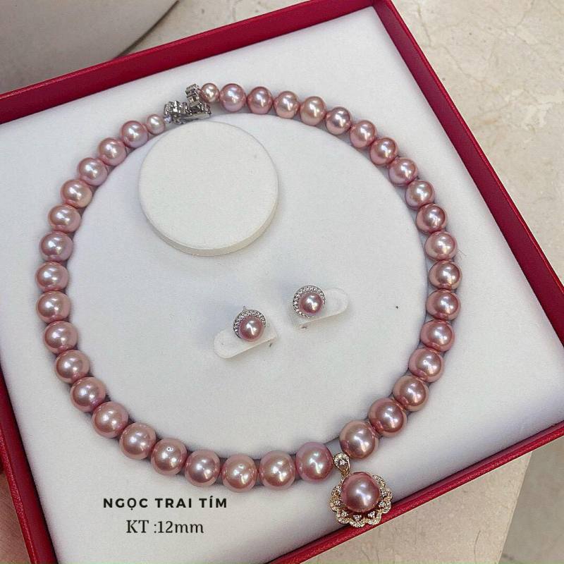 Bộ combo dây chuyền, vòng đeo cổ và bông tai ngọc trai nuôi hồng tự nhiên