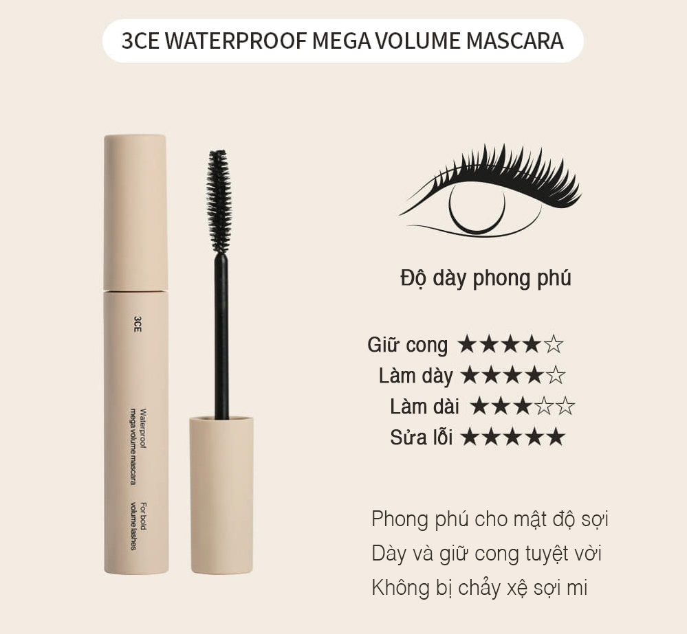Mascara Chuốt Mi 3CE Waterproof Mega Volume & Long Curl Mascara 7.5g