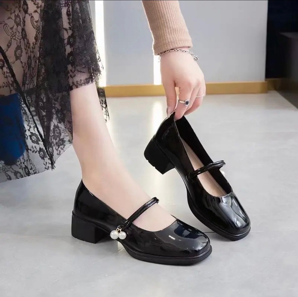 Giày lolita nữ da bóng quai ngọc hàng cao cấp,Giày mary mũi tròn đế vuông 5cm hack dáng xinh xắn