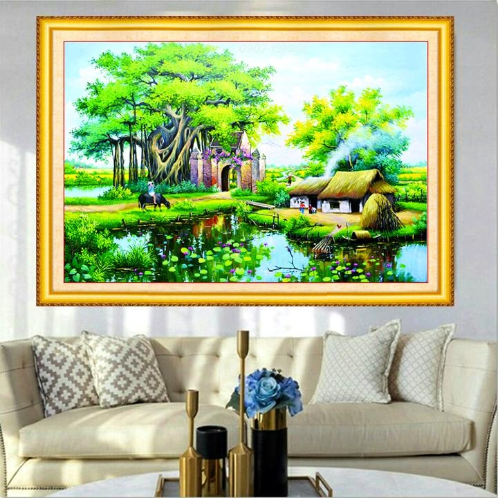 Tranh đính đá cao cấp phong cảnh Quê hương yên bình kích thước lớn kt150x70 cm VS158
