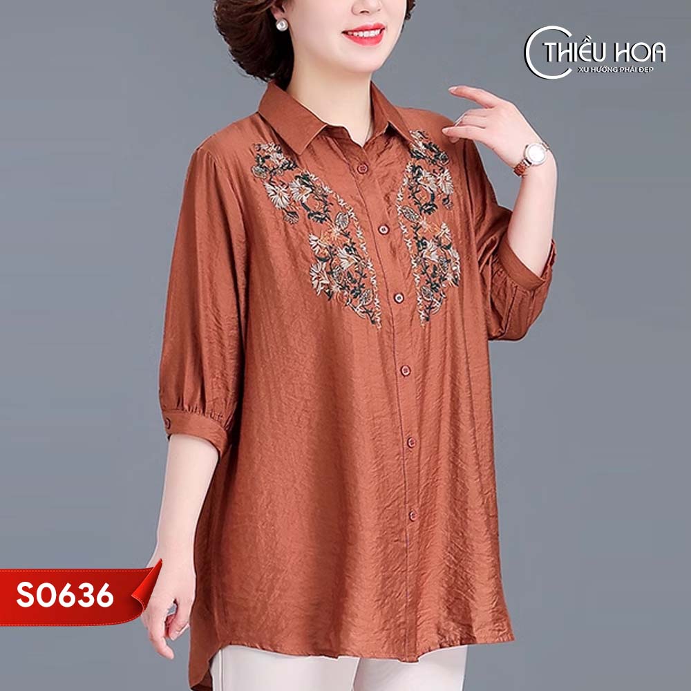 Áo sơ mi nữ trung niên chất lụa cao cấp thiết kế trẻ trung hiện đại thiều hoa s0636