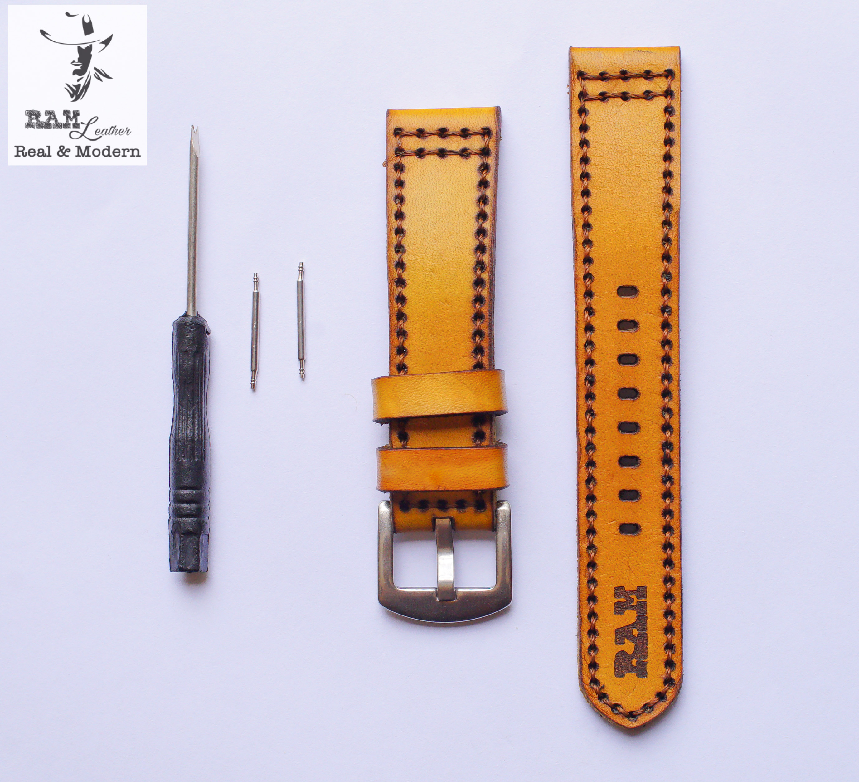 Dây da đồng hồ Siêu bền Da Bò Vegtan Ý RAM Leather Pilot Vàng Hàng Chính Hãng RAM Leather