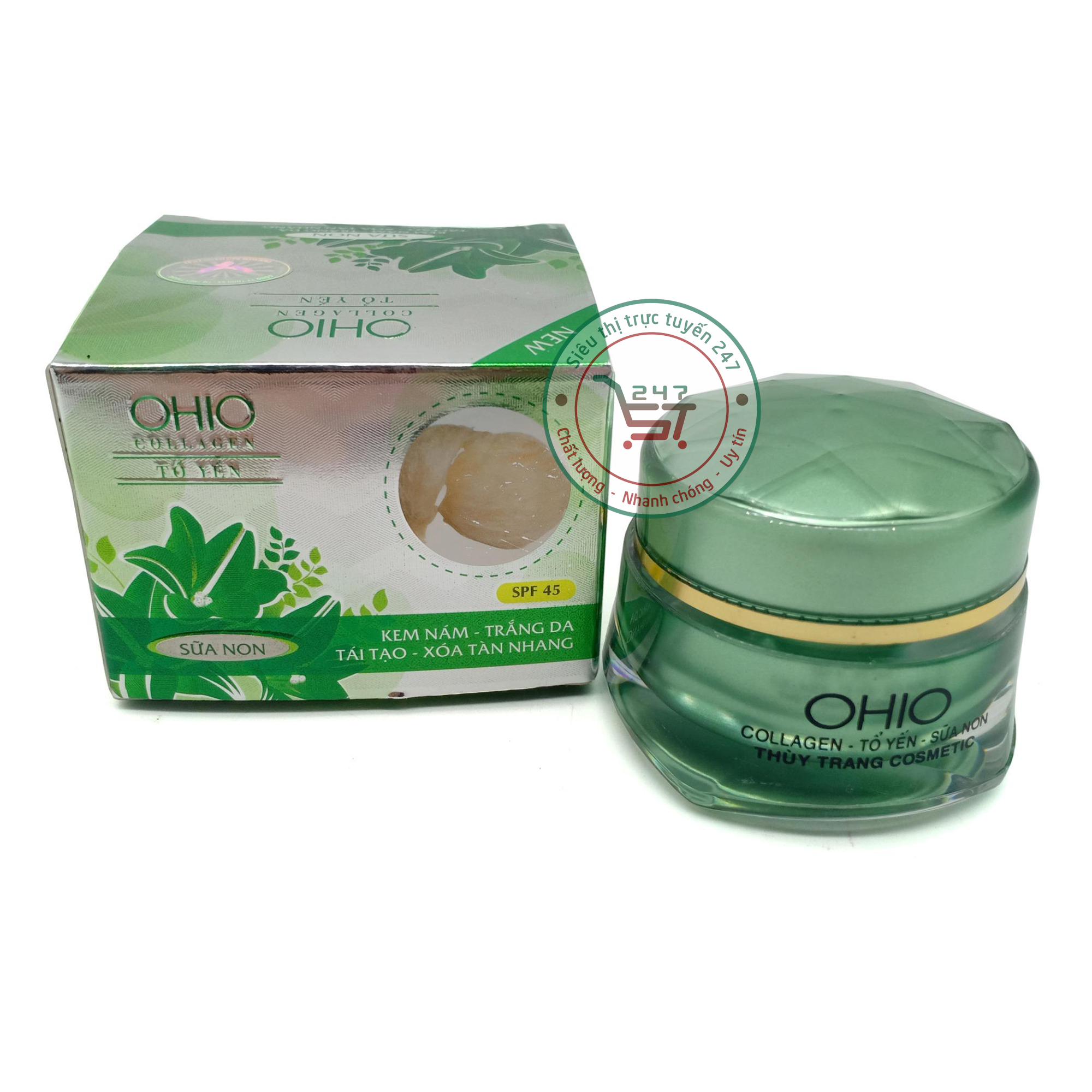 Kem Nám Tàn nhang Trắng da Giảm nhăn Tái tạo Se khít lỗ chân lông Ohio Collagen Sữa non Tổ Yến 18g (Xanh)