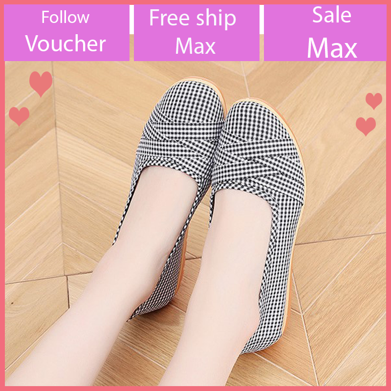 Giày búp bê vải caro đế bằng 2cm đi bộ cực êm chân V189