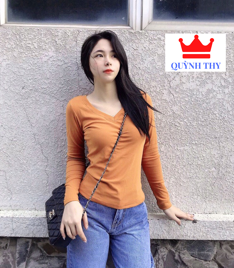 Áo thun nữ cổ tim tay dài áo thun trơn cotton đẹp dễ mặc dễ phối đồ mặc bốn mùa