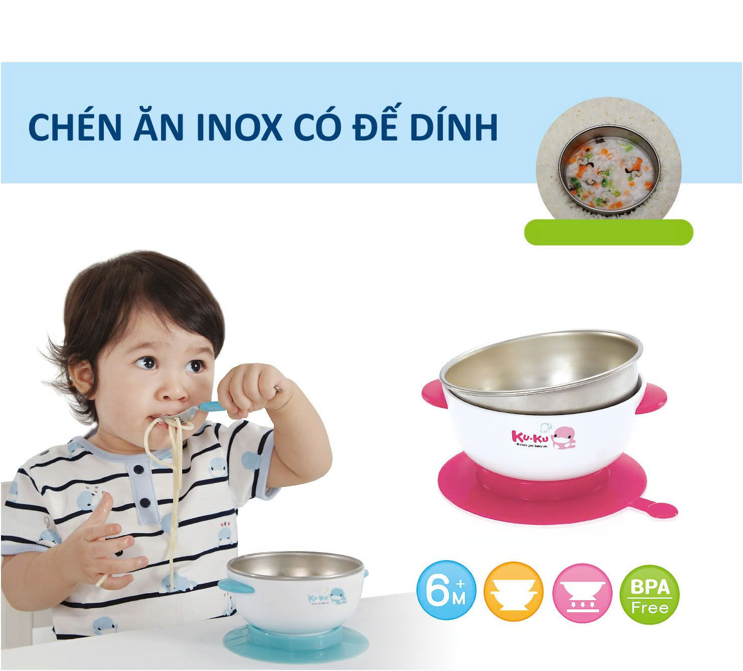 [Lớp Ngoài Chống Nóng] Chén Ăn Dặm Inox Có Đế Hút Chân Không (Chính Hãng Kuku)