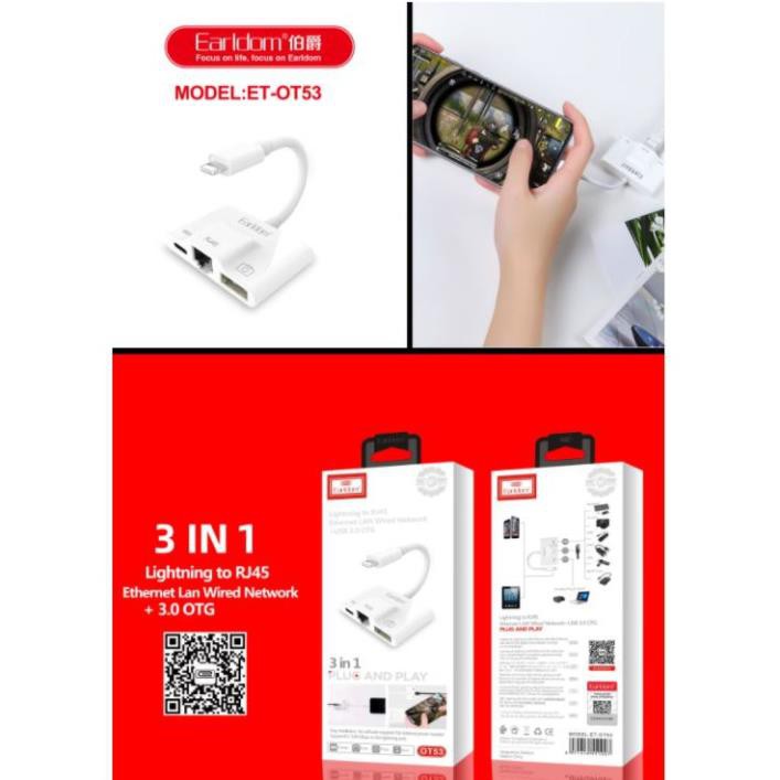 JACK CHUYỂN LIGHTNING 3IN1 EARLDOM OT53 (1 CỔNG SẠC + 1 CỔNG RJ45 + USB 3.0)
