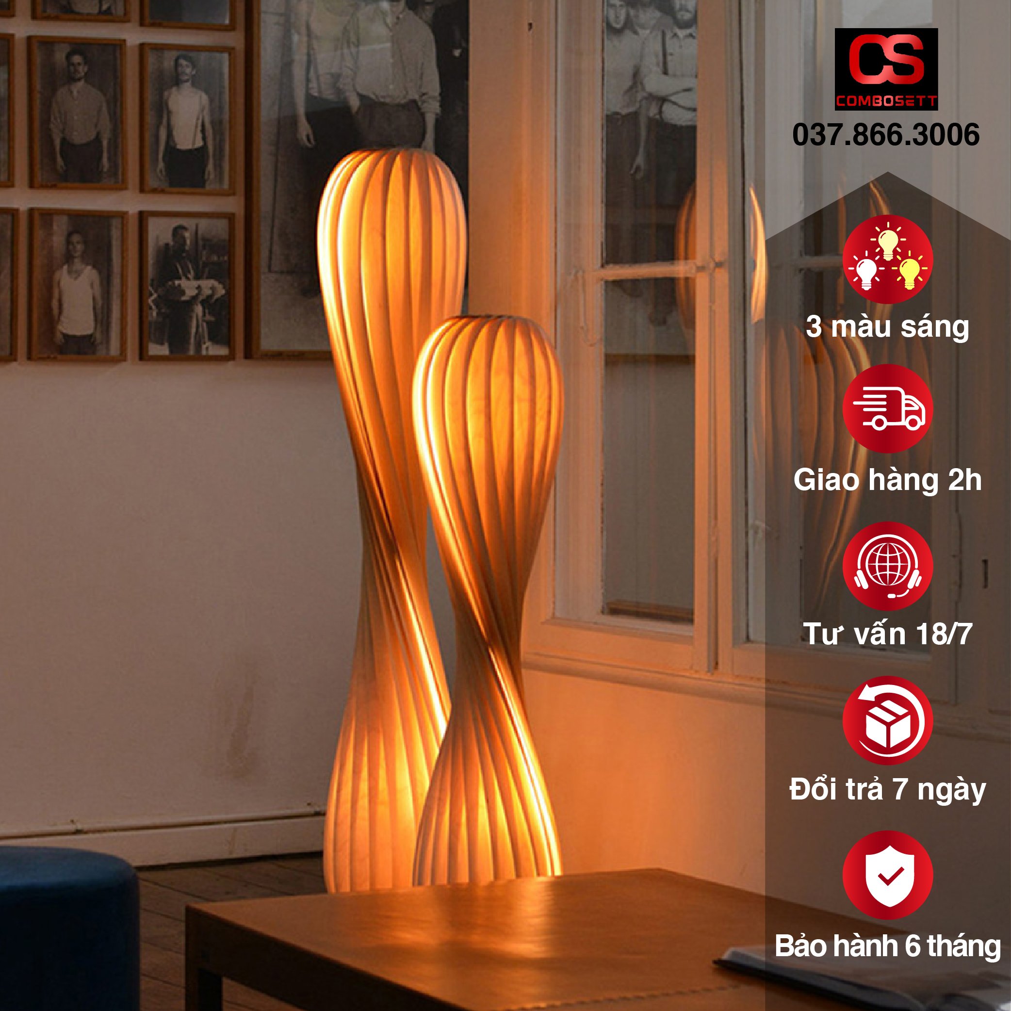 Đèn sàn decor chao gỗ bạch dương xoắn xếp lớp làm tăng tính nghệ thuật từ vùng sáng tối, Đèn LED 60W phong cách WABI-SABI Nhật Bản đương đại, Đèn decor khách sạn, đèn sàn đẹp cao cấp 3 chế độ - Combosett