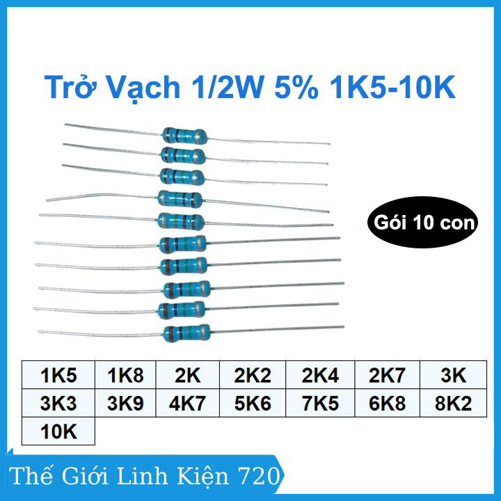 Trở vạch 1/2w 5% chân cắm giá trị từ 1k5 - 10k