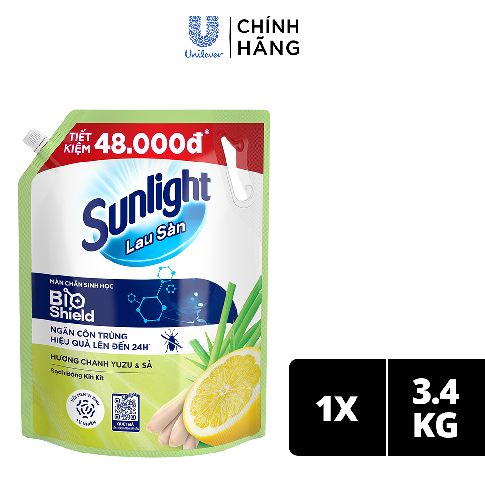 Nước lau sàn Sunlight BIOSHIELD Chanh Yuzu & Sả Túi 3.4kg | Công nghệ BIOSHIELD | Ngăn côn trùng hiệu quả