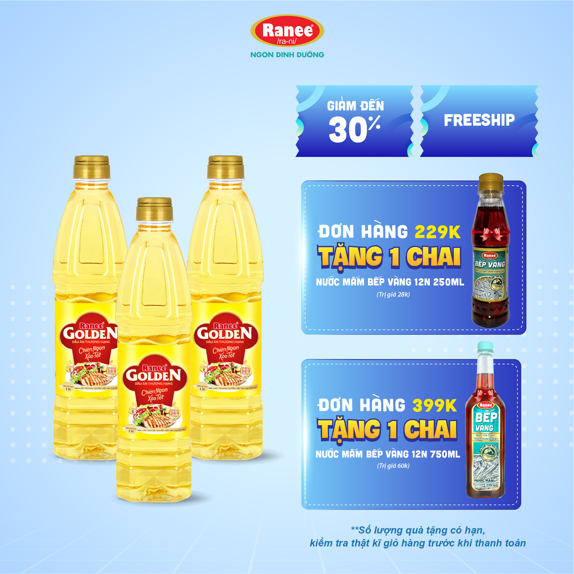 {Đơn 199k tặng hộp bơ -399k tặng vá gỗ} Combo 3 chai dầu ăn Ranee Golden 1 lít (1 lít/chai x 3 chai)