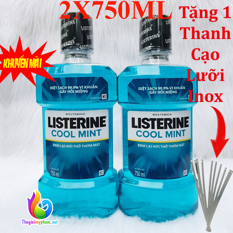[Tặng Cạo Lưỡi]Combo 2 Chai Nước Súc Miệng Listerine Cool Mint 750ml