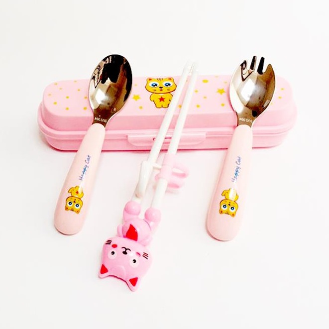 Bộ đũa thìa dĩa ăn dặm inox happy cat cho bé