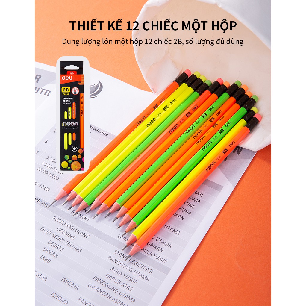 Hộp bút chì Deli U514 NEON - 2B (Hộp 12 chiếc)