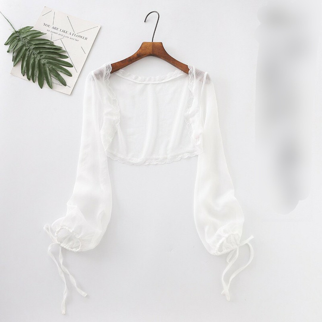 Áo khoác voan phối ren tay dài cột nơ tiểu thư tu