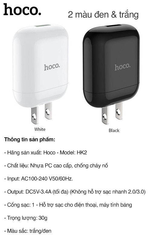 Củ sạc nhanh Hoco HK2 Cổng USB 5V/3.4A cho Smart phone - Table