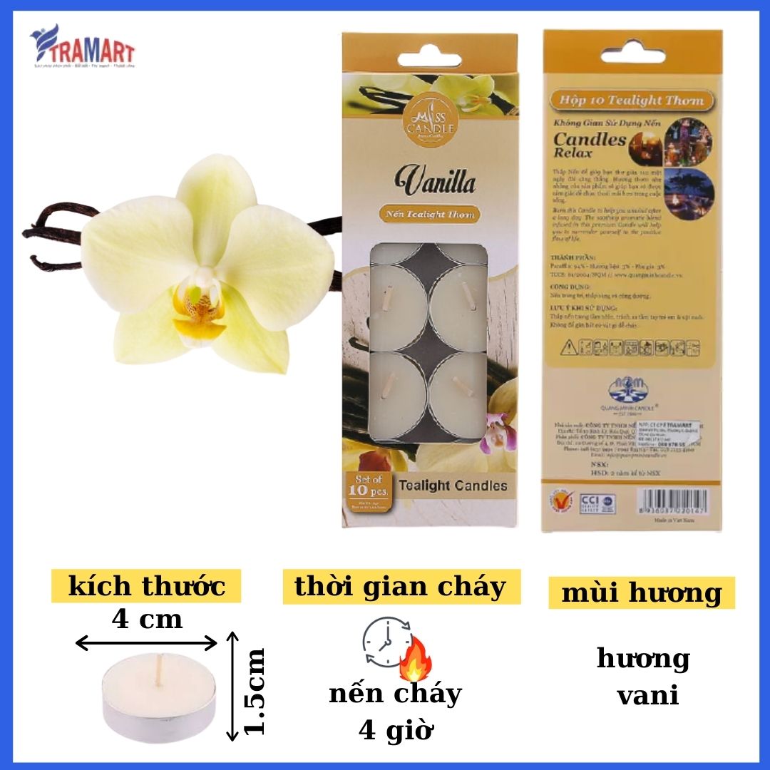 [HCM] candle scented tealight box 10 candle ftramart MIC0147 vanilla (vanilla flavor) candle smokeless material paraffin wax help burst essential oils aromatherapy room and home décor or making gift.