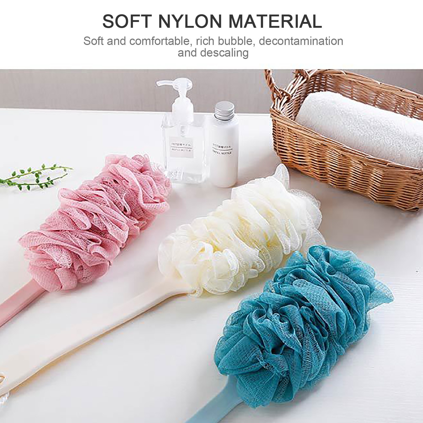 Puff Ball Scrubber Bath Shower Body Back Brushes Mesh Soft Fur With Long Handle Clean Handle Bath Ball Washcloth Exfoliating