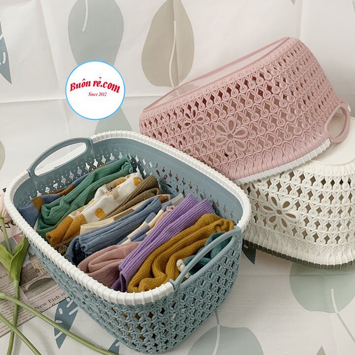 Rổ nhựa giả đan mây đựng đồ có quai cầm / Giỏ nhựa đan Hàn Quốc
