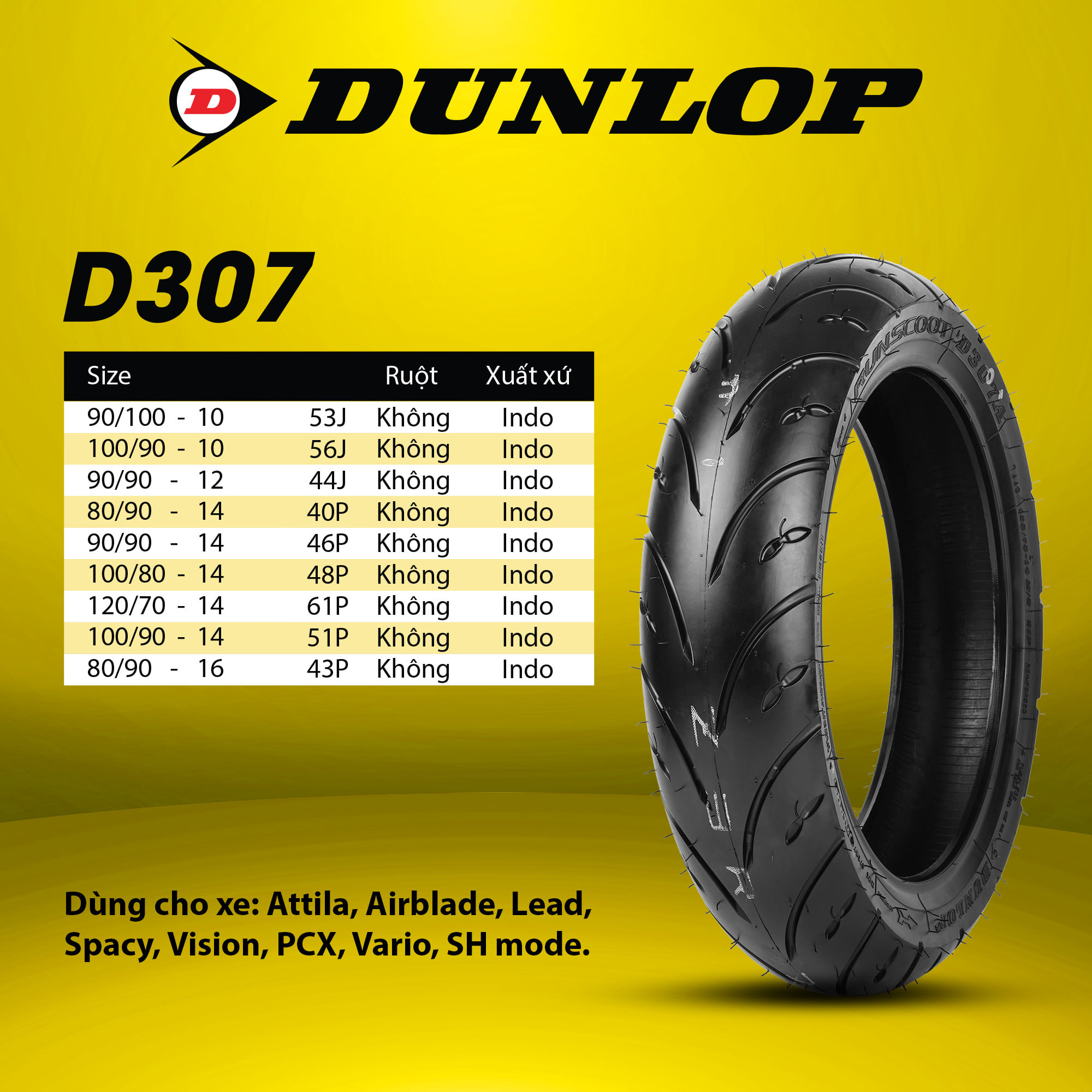 Vỏ lốp xe máy Dunlop D307 đủ size 90/90-12 100/90-10 80 90 100 120