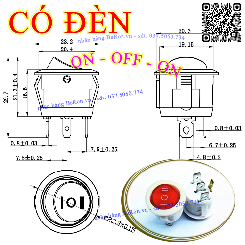 Công tắc tròn on/off/on 3 chân, 4 chân có đèn báo