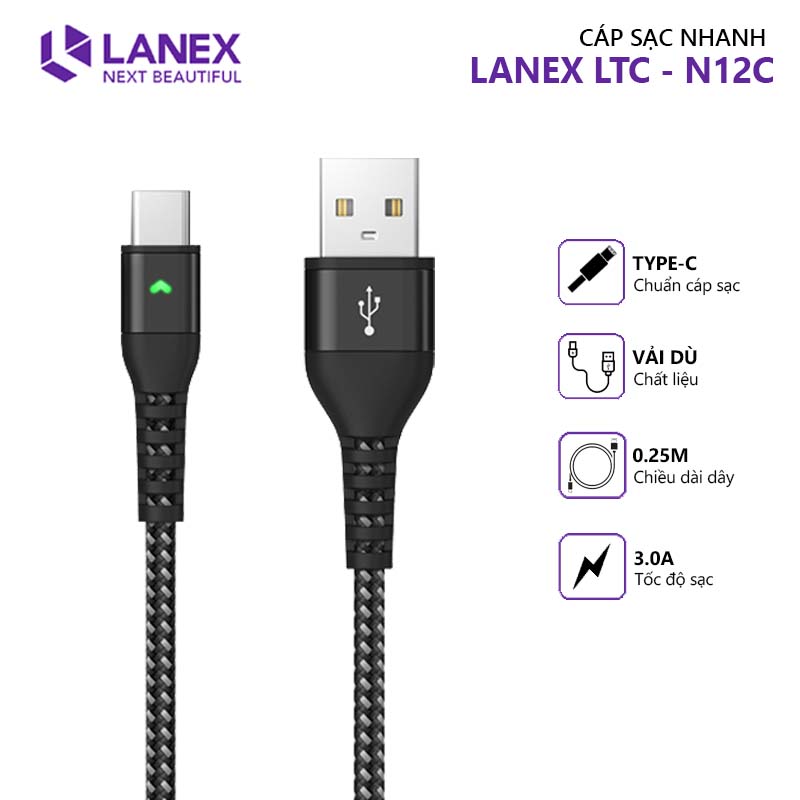 Cáp sạc nhanh lanex ltc - n12c dây dù 3.0a, cổng kết nối type-c, dài 0.25m, có đèn led