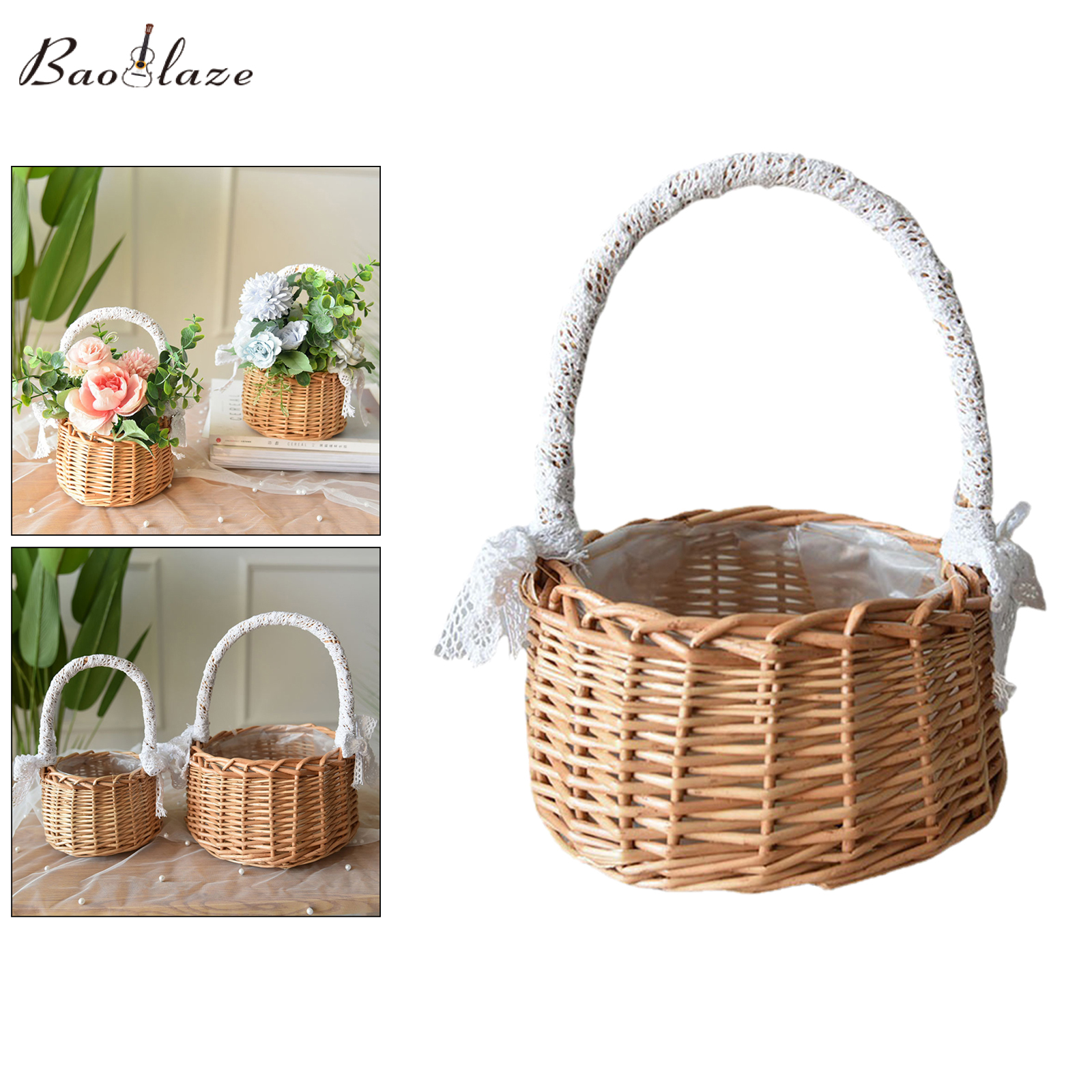 Baoblaze Rustic Handmade Rattan Storage Basket Wedding Flower Wicker Plant Holder