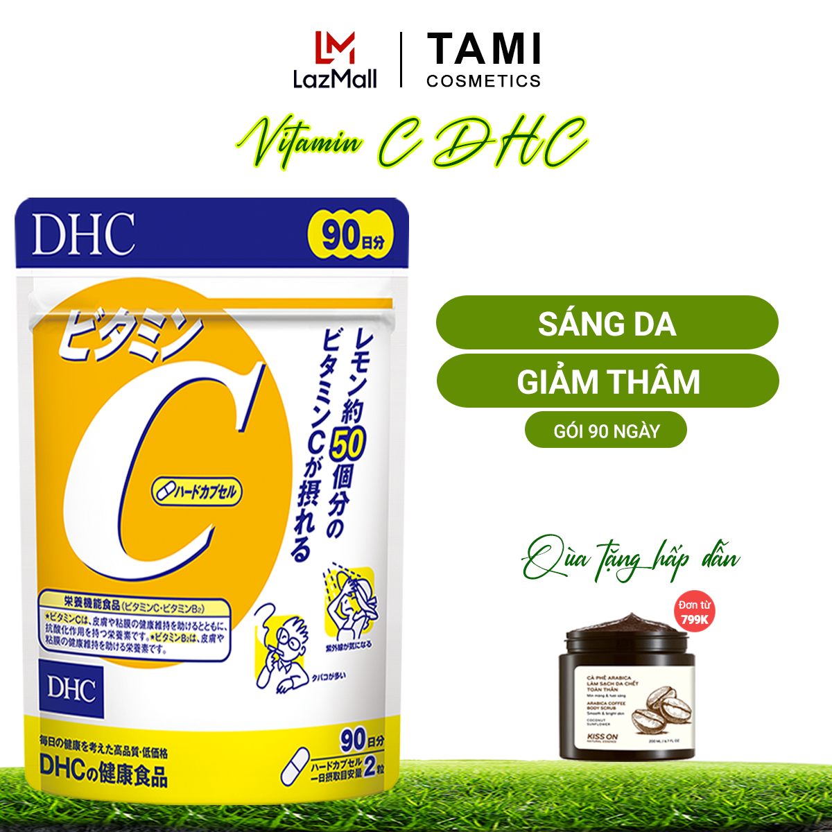 Viên uống Vitamin C DHC Nhật Bản thực phẩm chức năng tăng cường sức đề kháng, giúp sáng da mờ thâm và tăng sản sinh collagen gói 90 ngày TA-DHC-C90