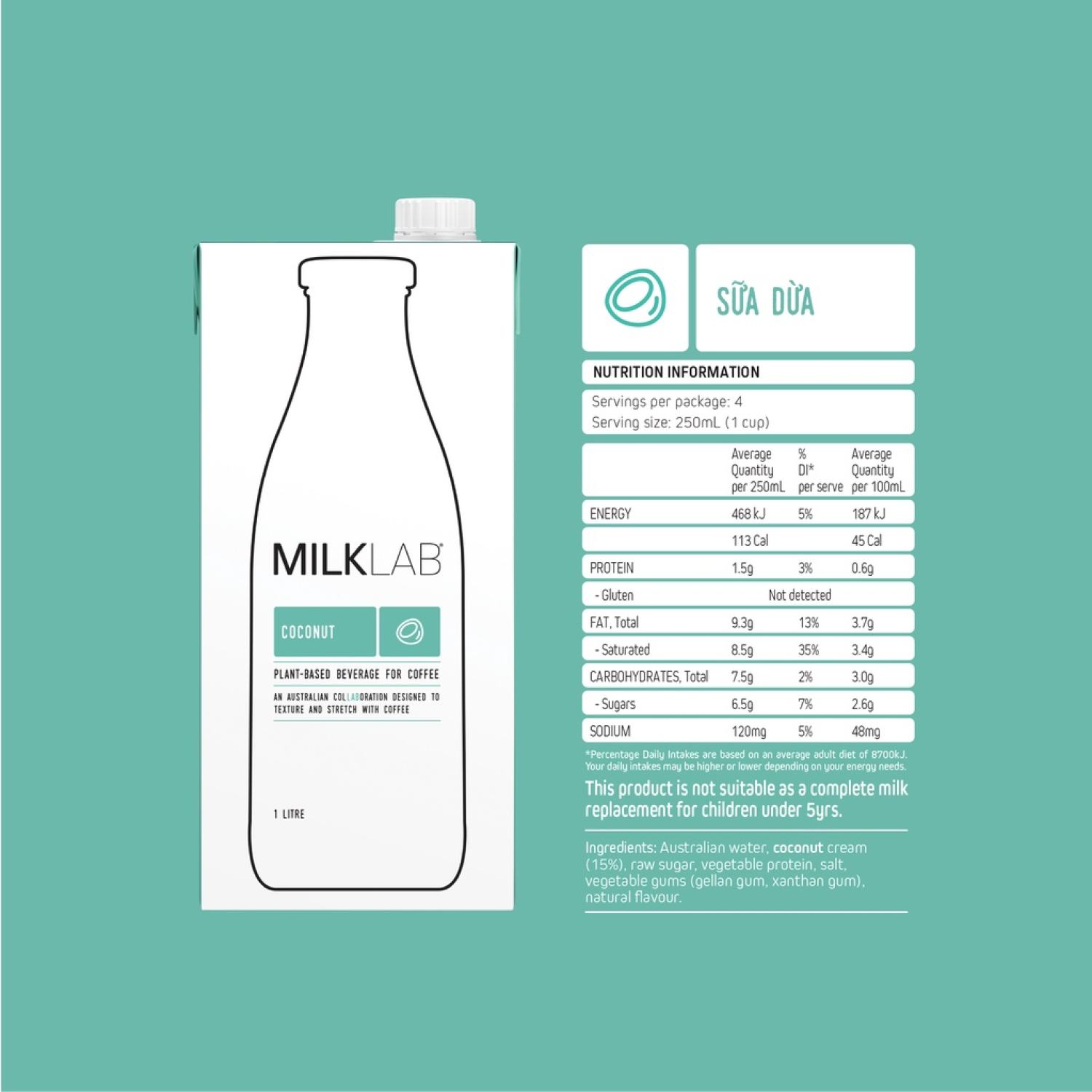 Sữa dừa cao cấp ít đường MilkLab | hộp 1 lít