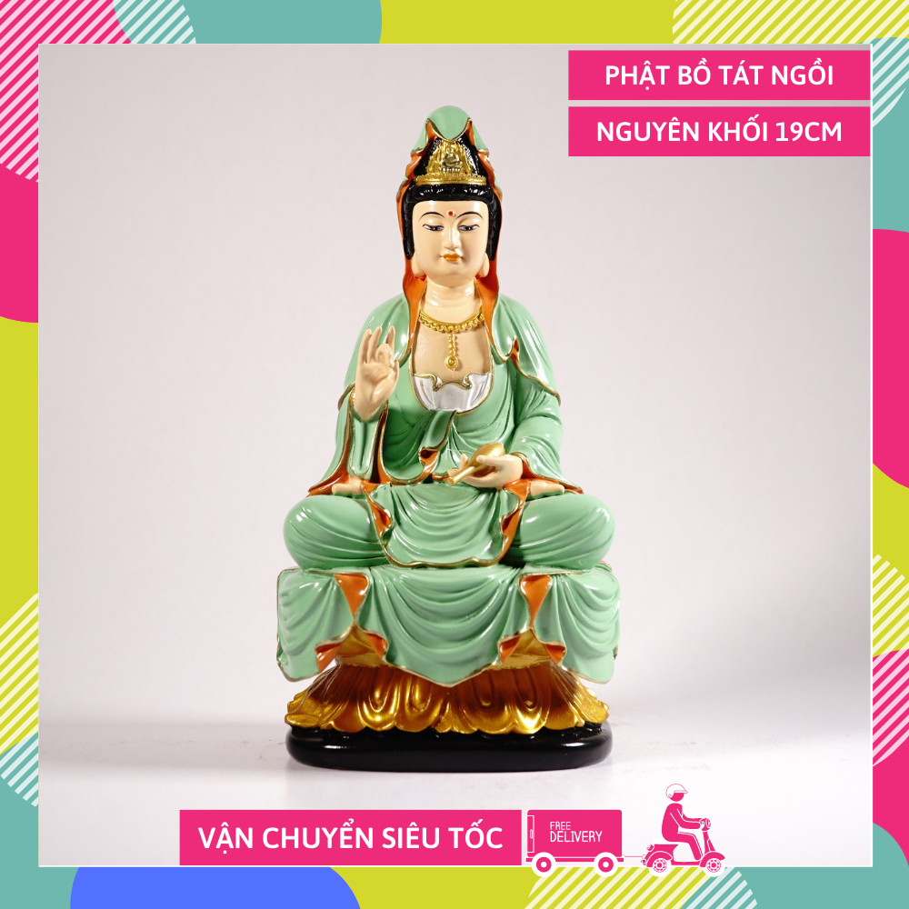 Tượng phật Bồ Tát Quan Âm ngồi đài sen nguyên khối vẽ màu áo xanh - Cao 19cm