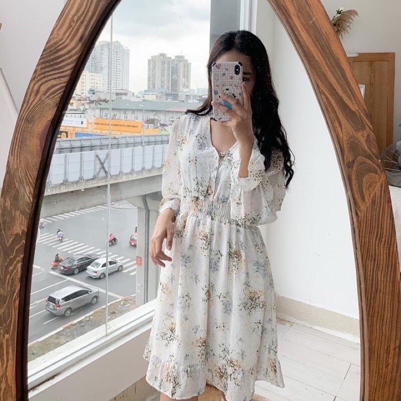 Váy hoa nhí Vintage đuôi cá dài tay có chun eo