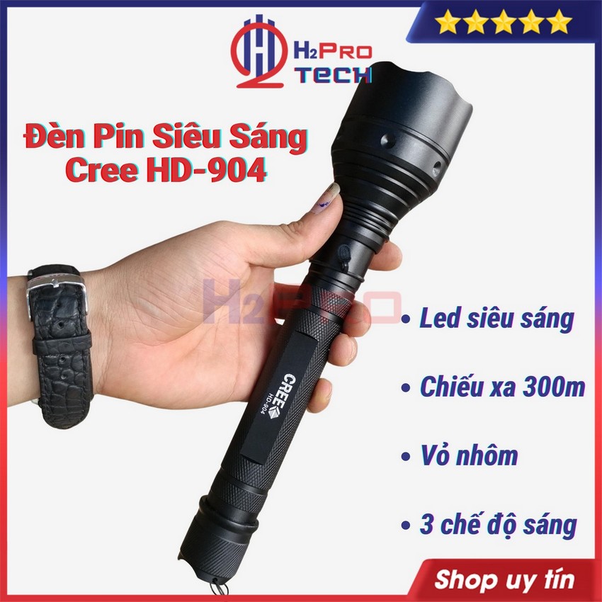 Đèn Pin Cầm Tay Siêu Sáng Cree 904 Led Trắng Chiếu Xa Trên 300M, Chống Nước, Vỏ Hợp Kim Siêu Cứng, Pin Sạc-H2Pro Tech