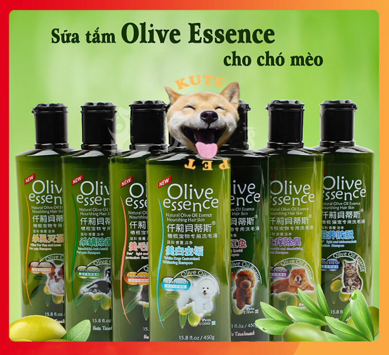 Sữa Tắm Cho Chó Mèo Olive Essence tinh dầu ô liu giúp khử mùi dưỡng lông 450ml