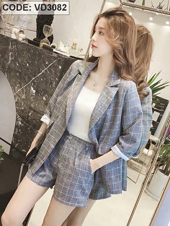 [HCM]Sét vest caro ba món hót trent áo vét tay dài có túi áo hai dây phối quần đùi có túi 04