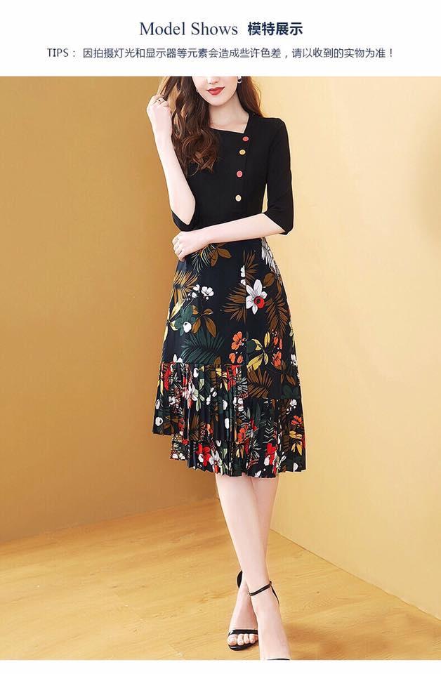 đầm xòe họa tiết phối nút