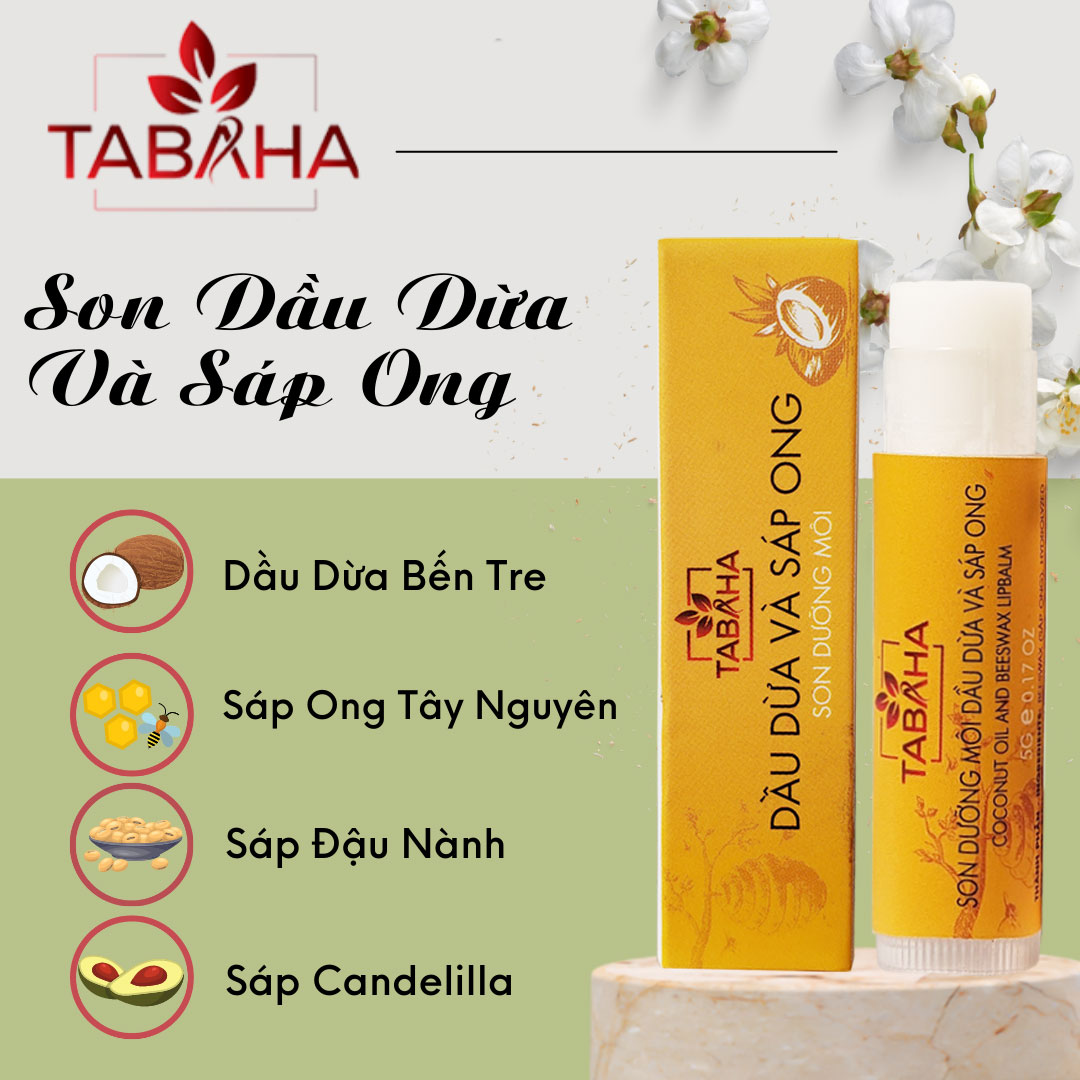 Son dưỡng môi TABAHA Dầu dừa và Sáp ong Lipbalm giảm thâm chống nứt nẻ