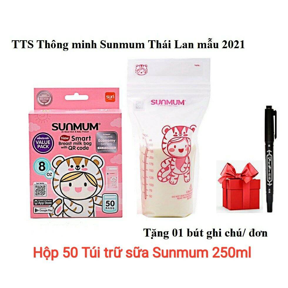 (Tặng 1 viết) (MẪU MỚI 2021) Hộp 50 Túi trữ sữa Mẹ Sunmum 250ml (Sản xuất tại Thái Lan) SMM U510