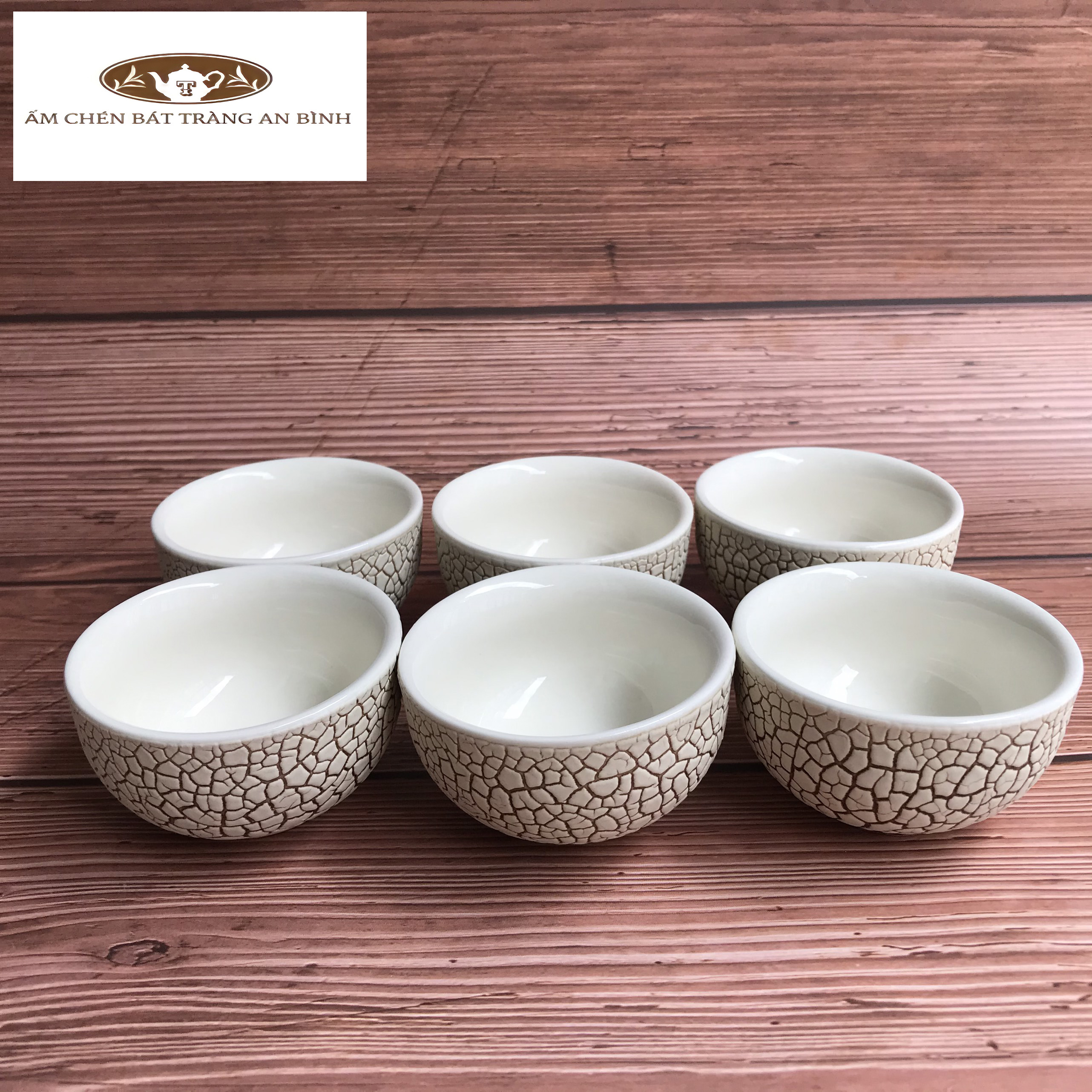 Bộ ấm chén gốm sứ Bát Tràng men Rạn Trắng Tròn