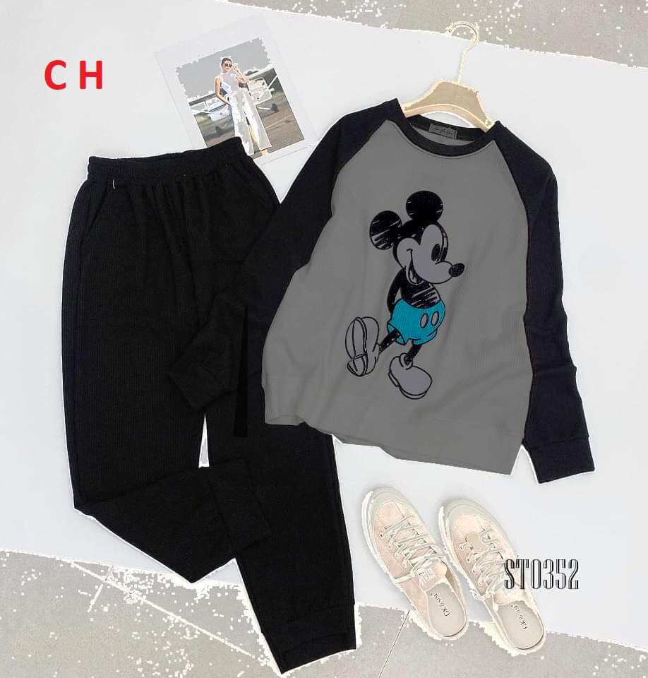 Bộ thu đông nữ dài tay hình micky đáng yêu quần bo gấu dễ mặc